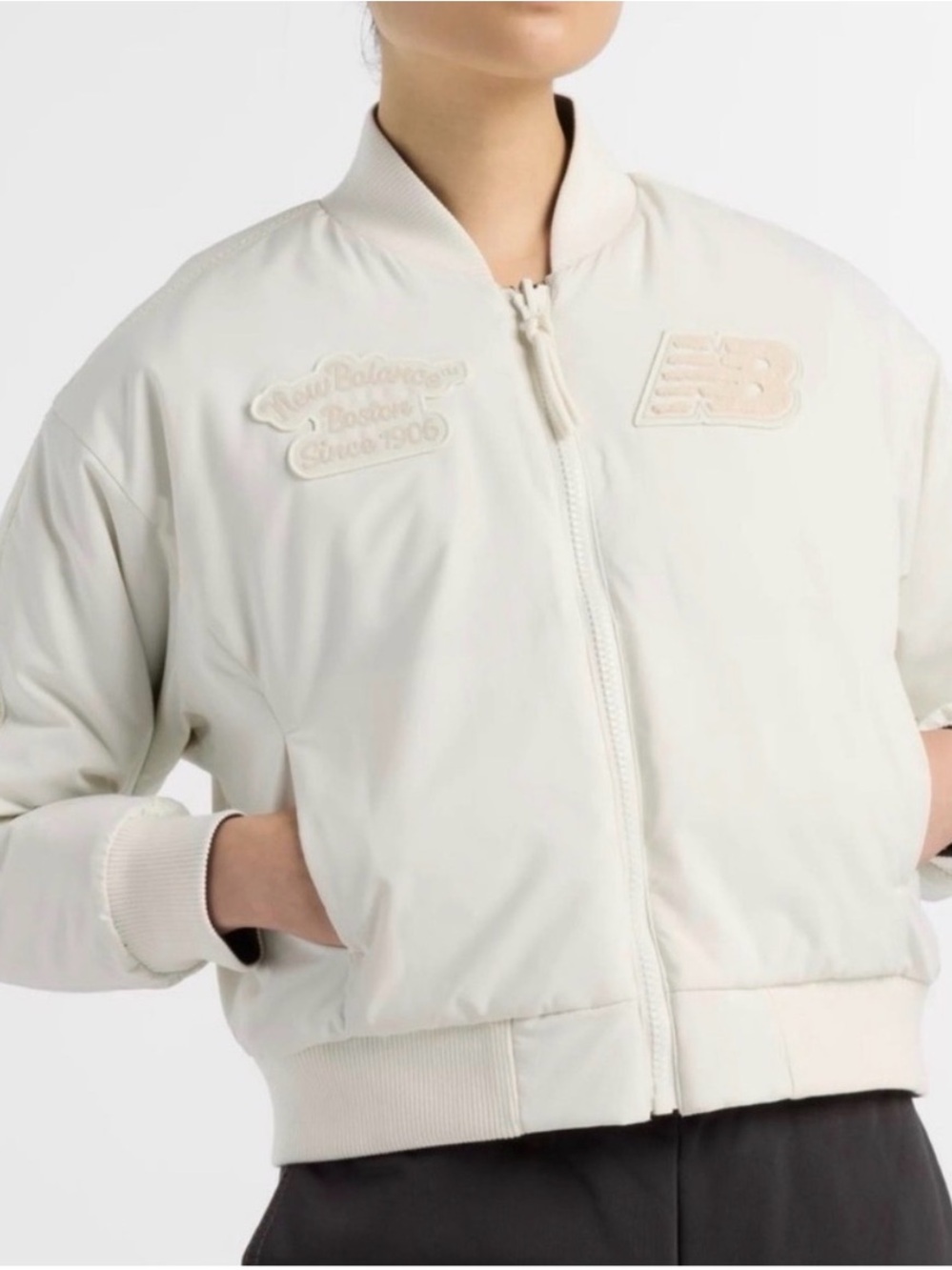 New Balance Cream Cropped Bomber Jacket reversible